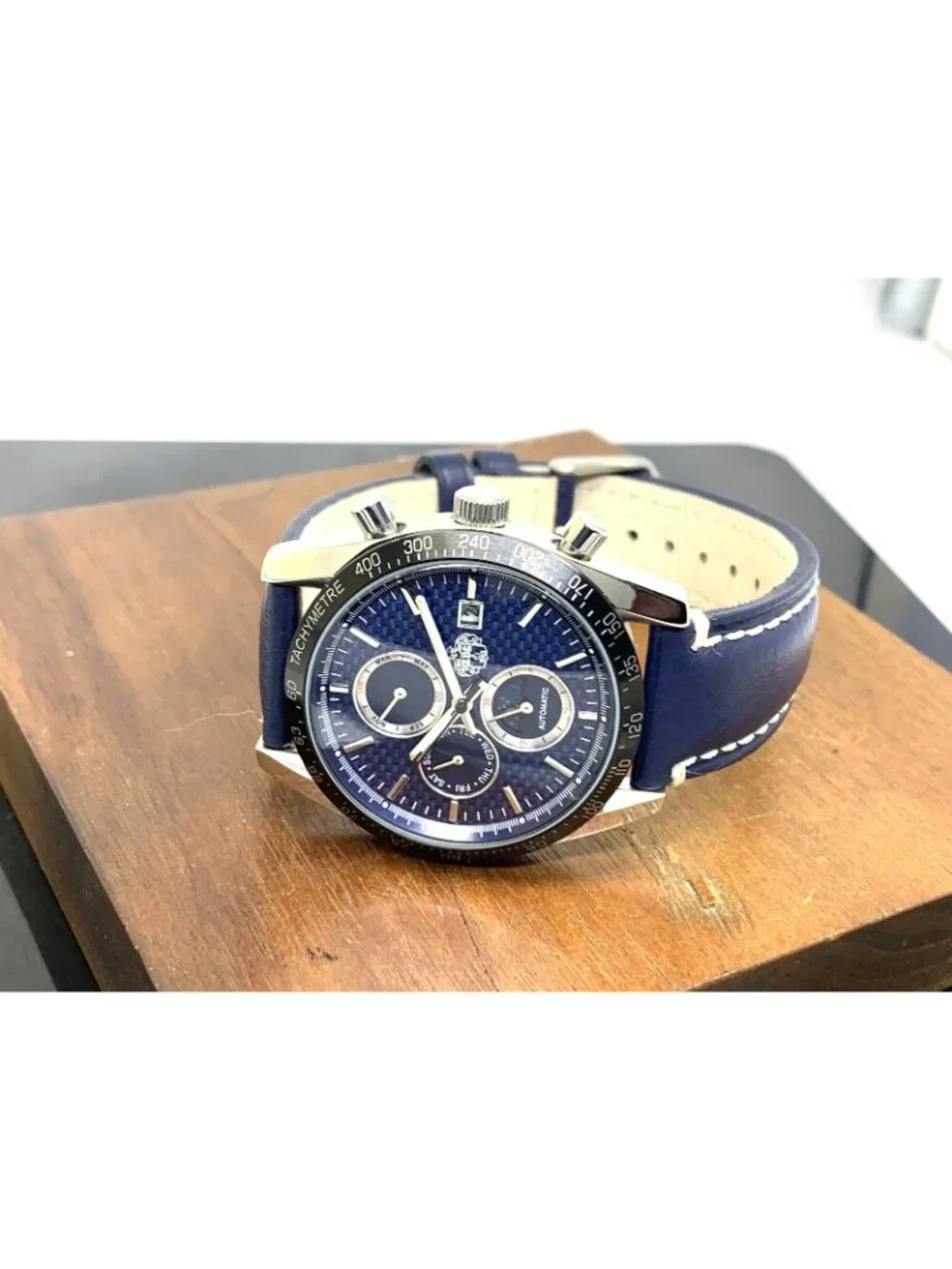 SUG Men's Watch Automatic Chronograph Blue Dial Day Night Leather Strap 40mm